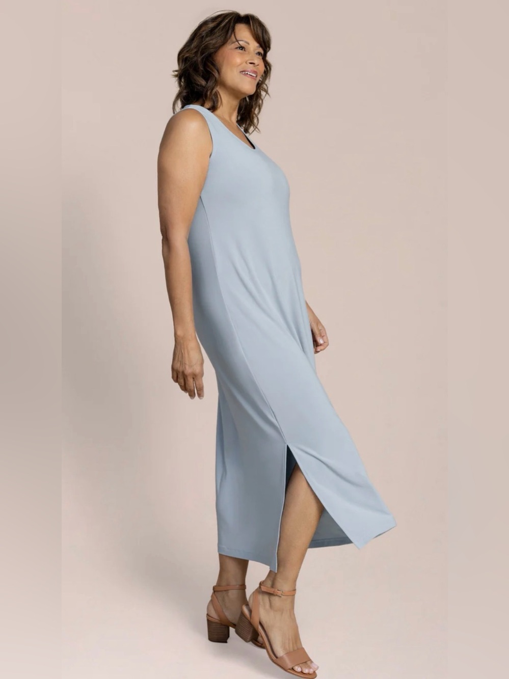 Open Edit Sleeveless Side Slit Midi Dress Light Blue Size Small